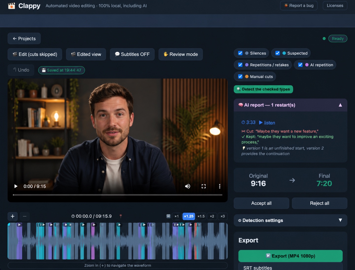 Interface du logiciel : lecteur vidéo, formes d'onde annotées, détection des silences et des répétitions, durée ramenée de 9 min 16 à 7 min 20.